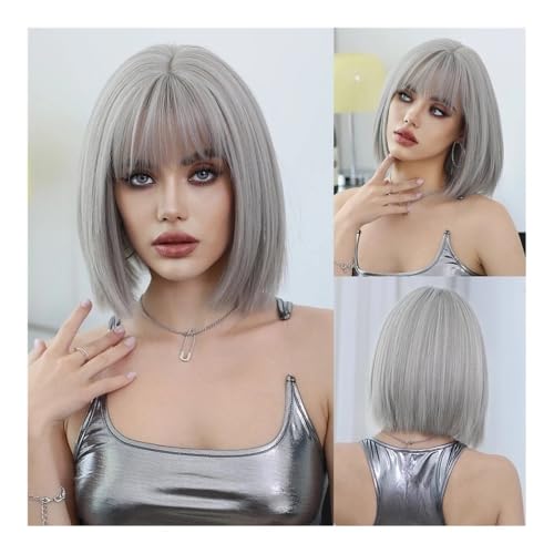 Perruque bob marron clair pour femmes cheveux lisses frange blonde haute brillance