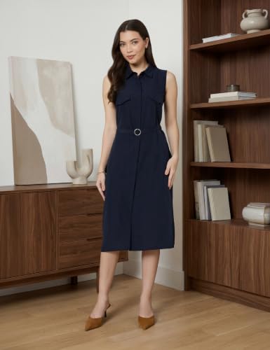 Image of Amazon Brand - Symbol Women's Sleeveless Shirt Dress | Belted Waist, Collared Neck, Knee Length (Available in Plus Sizes)