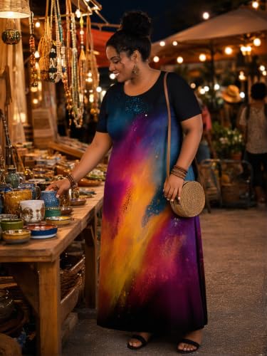 Image of PinkPatty Plus Size Dress for Women Casual Crew Neck Short Sleeve Maxi Dress Oversized Summer Beach Dresses with Pockets