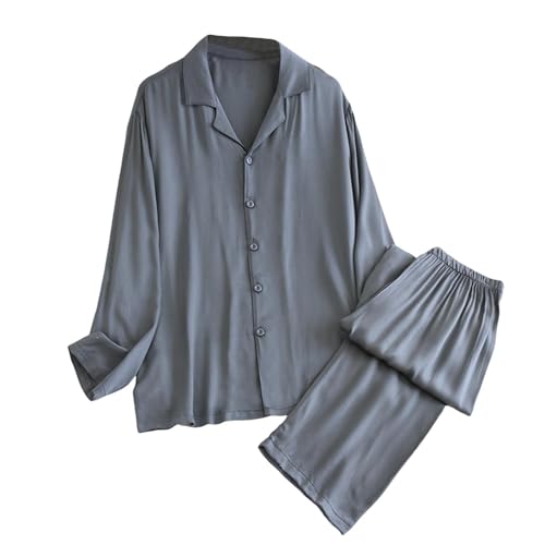 Men Lightweight Solid Color Comforable Pajamas Sets Long Sleeve Sleepwear Button-Down PJs Set Two-Pieces Loungewear