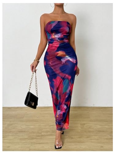 Image of GORGLITTER Women's Floral Strapless Bodycon Wedding Guest Dress Vacation Summer Birthday Tropical Maxi Long Sun Dresses