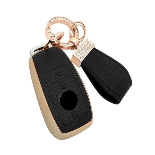 Image of Keyzone Litchi Leather Textured TPU Key Cover & Keychain for E-Class, S-Class, A-Class, C-Class, G-Class 2020 Onwards Smart Key (Black)