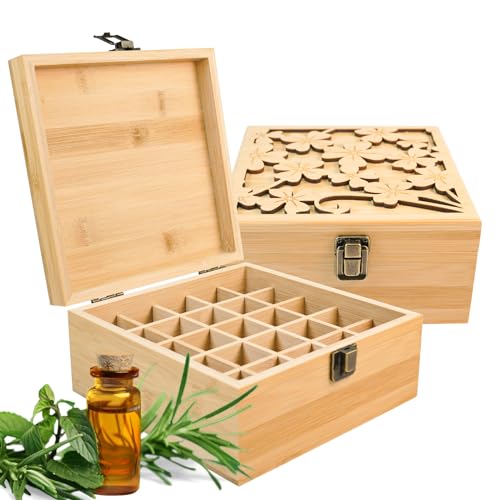 RoseFlower Boîte Huile Essentielle Aromathérapie Boîte de Stockage, 25 Trous imperméable Aromathérapie Boîte de Rangement en Bois - Organisateur Voyage...