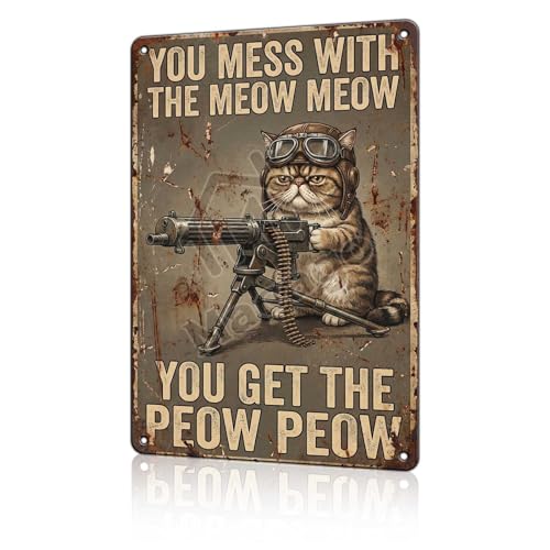 macago Retro Aviator Cat Tin Sign - Humorous Wall Decor for Hangar, Office, or Den - You Get The Peow Peow Vintage Metal Sign Poster 8x12