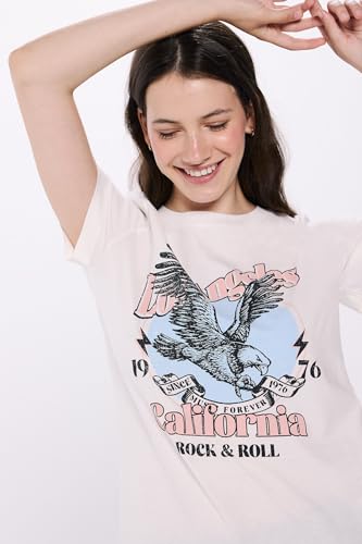 Springfield Camiseta de Manga Corta Eagle Print gráfica algodón, Beige Claro, M para Mujer