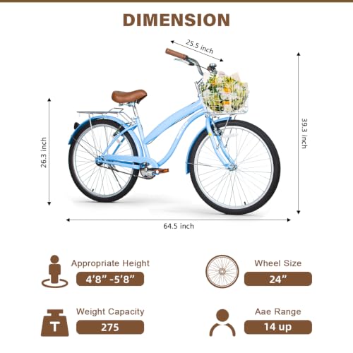Image of WEIZE Beach Cruiser Bike, 24 26 inch Commuter Bicycle for Adult Men and Women, Front & Rear Fenders, Comfortable City Bikes with Rear Rack&Basket, Ergonomic Upright Design