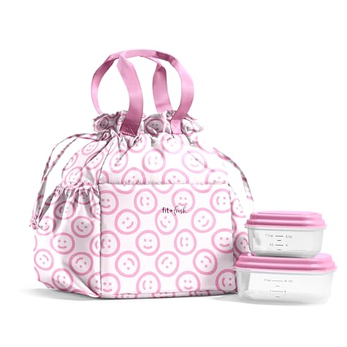 Fit & Fresh Cromwell Drawstring Lunch Bag for Women, Complete Lunch Set with 2 Containers, Stain-Resistant, Leak-Resistant, Back to School Essential, Teacher Lunchbox, All Smiles Pink