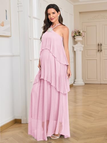 Image of AISWI Maternity Halter Neck Maxi Dress Sparkly Mesh Tiered Ruffle Pregnancy Gown with Flower for Baby Shower Photoshoot