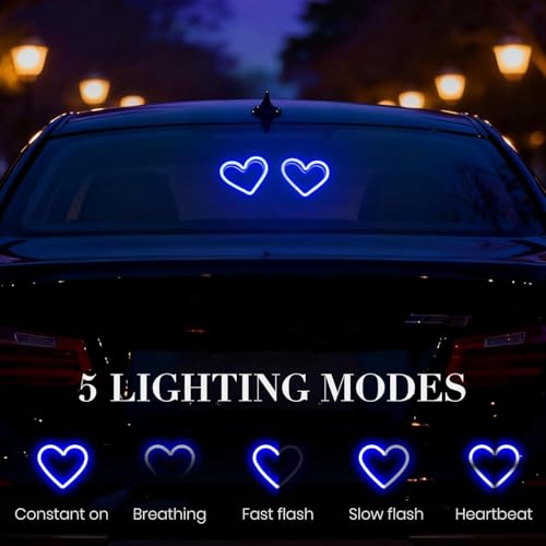 Image of Solar LED Car Window Light Heart Shape with Suction Cups - Automatic Light Sensor Neon Car Decoration Lamp for Rear Window Interior | Vibration Activated Blue Glow Decor for Cars, SUVs
