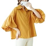 [ORWZDCO] ブラウス シャツ レディース トップス ランタンスリーブ ブラウス ゆったり ラペルカラー 長袖 無地 オフィス カジュアル 通勤 日常 高通気性 ショート丈 春 夏 秋