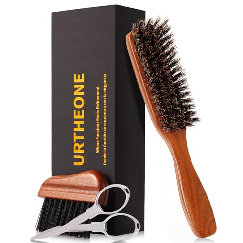 URTHEONE Premium Beard Brush Grooming Kit - 100% Natural Boar Bristle Hair Brush for Men, Ergonomic Handle,Cleaning Brush & Folding Scissors - Complete Beard Hair Care Set for Styling,Maintenance