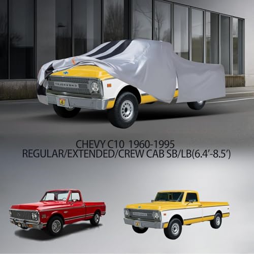 Image of Chevy C10 Truck Cover Custom Fit 1960-1995 Regular /Extended /Crew Cab SB(6.4'-8.5') with Door Zipper, 10 Layer Pickup Truck Cover Waterproof All Weather, Car Cover for Wind Dust Sun etc Protection.