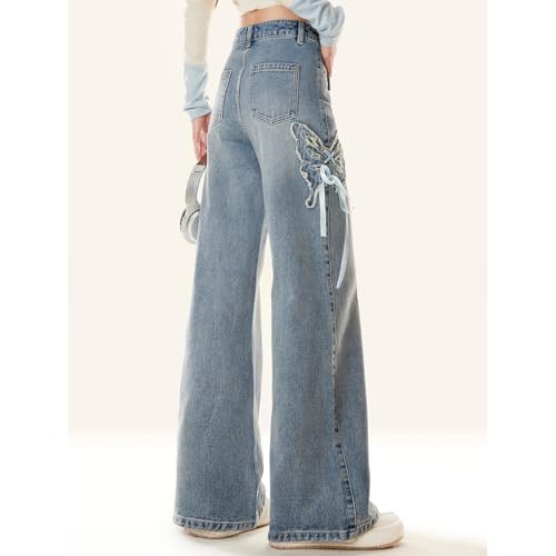 Kawaii Casual High Waisted Straight Leg Jeans for Women Y2K Fashion Side Butterfly Patchwork Denim Pants4