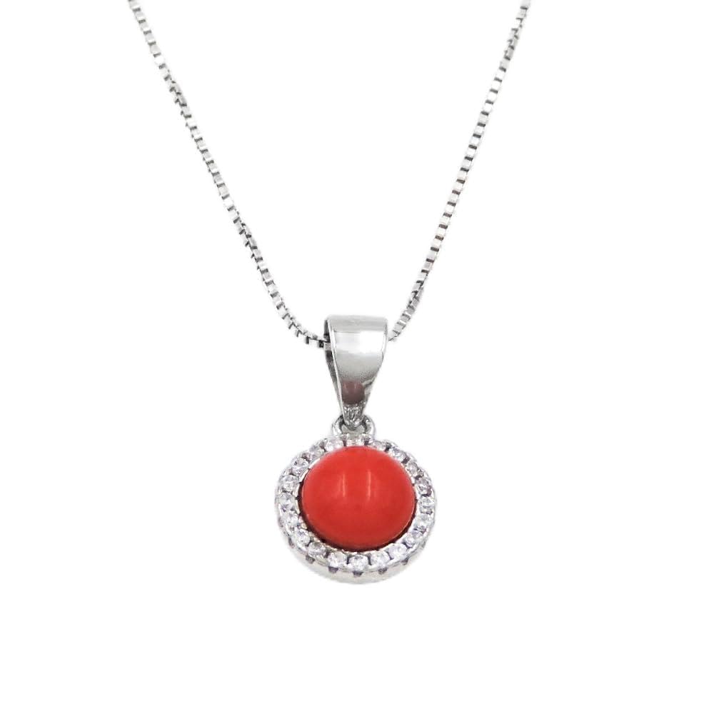 Collana in Argento 925 con Ciondolo Tondo con Corallo Rosso e Zirconia Bianca