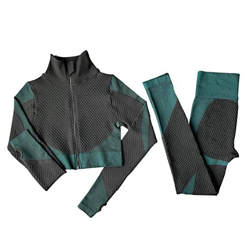 Femmes Yoga Costume Set Workout Vêtements Pantalons Manteau Manches Longues pour Sports XL noirâtre Vert 2PCS Cover