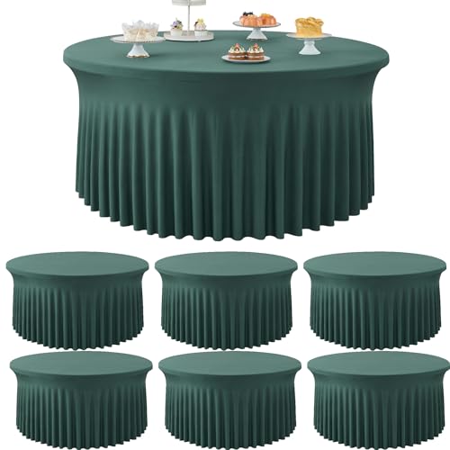 Htper 6 Pack Hunter Green Spandex Round Tablecloths for 72 inch Table, Stretchy 132inch Fitted 6FT Round Table Cloths, Wrinkle Free Table Cover with Skirt for Wedding Party Dining Banquet