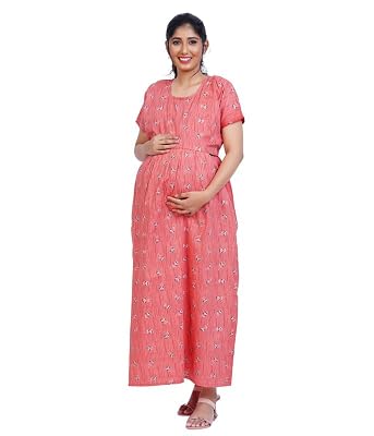 MENMAII Zipless One Piece Maternity & Feeding Dress/Gown/Nighty| 100% Cotton with a Side Pocket | Calf/Full Length/for P