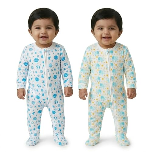 Image of The Mom Store Baby Zipper Romper for Boys and Girls Combos | Cotton | Soft and Comfortable Infant Bodysuit | Trendy Stylish Sleepsuit Nightsuit for Newborn Baby | Printed | Unisex Sleep Wear