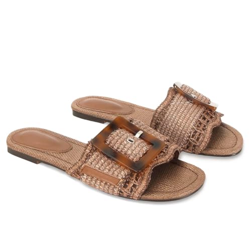 Image of ZJGZF Raffia Sandals for Women Buckle Straw flats Woven Braided Rattan Slides Summer Beach Sandals Comfort Cute Shoes