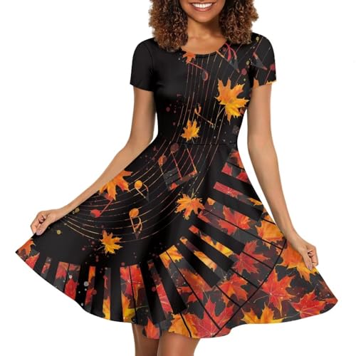 Image of POLERO Women Puffy Swing Elegant Party Midi Dresses Short Sleeve Round Neck A-Line Dress