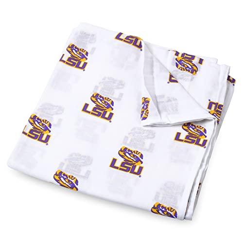 Image of Three Little Anchors LSU Muslin Swaddle Blanket – Officially Licensed Louisiana State University Baby Swaddle – Ultra-Soft 47x47 Cotton Muslin Receiving Blanket – Perfect LSU Tigers Baby Gift