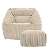 Icon Natalia Sitzsack Sessel mit Hocker für Erwachsene, Beige, Flauschiger Cord Stoff, Riesen Sitzsack Cord mit Füllung, Bean Bag Chair, Bequemer Sessel Wohnzimmer, Lounge, Schlafzimmer, Büro