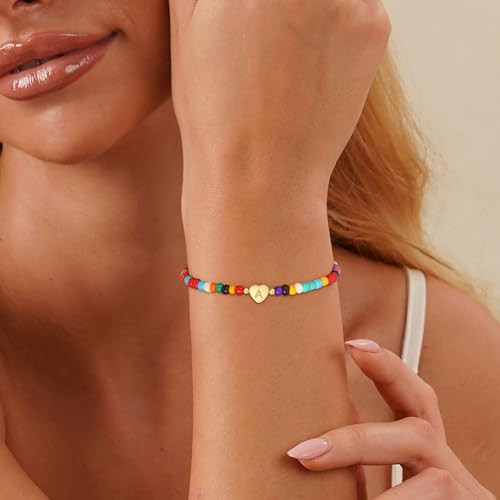 Colorful Initial Bracelets for Women Girls, Cute Beaded Heart Initial Bracelet Teen Girl Gifts Trendy Stuff Gold Personalized Bracelet Gifts for Women3