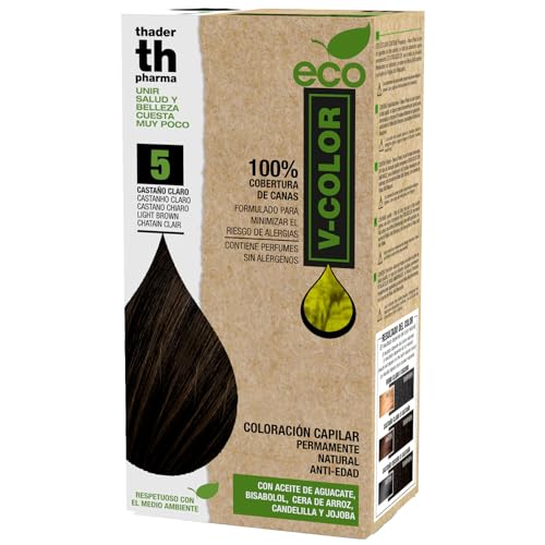 Thader Th Pharma ECO V-Color Kit de Coloración Capilar Permanente sin amoniaco 100% cobertura de canas, 120 ml (No. 5 Castaño claro)