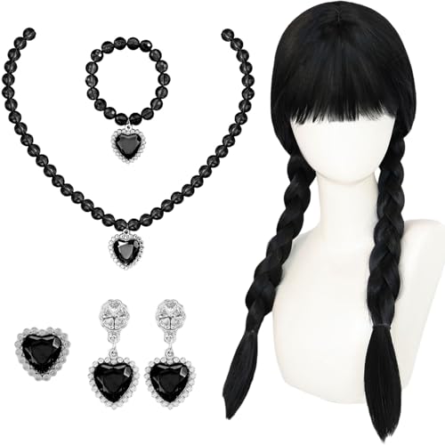AWAVM Déguisement Halloween Gothic Noir avec Perruque, Collier et Boucles d’oreilles, Tenue Sombre Déguisement Halloween Vampire Fille et Femmepour Carnaval, Cosplay, Fête Horreur