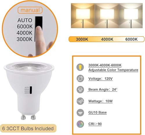 Image of 6PCS White GU10 Track Lights,10W 3CCT Dimmable Replaceable Bulbs | White GU10 LED ceiling spotlight fixtures with replaceable 10W bulbs, switchable 3CCT and dimmable brightness from 20% to 100
