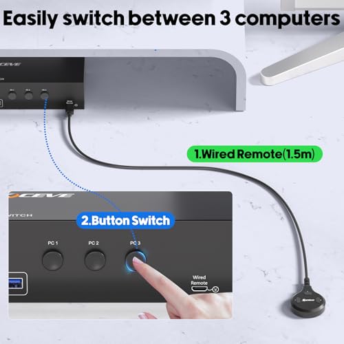Image of KVM Switch 3 Monitors 3 Computers EDID Simulation 4K@60Hz,HDMI Displayport Triple Monitor KVM Switch,3 Monitor KVM with 4 USB 3.0 Ports for Keyboard Mouse, Wired Remote and 3 USB3.0 Cables Included