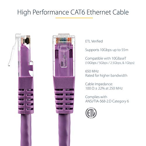 Image of StarTech.com 10ft CAT6 Ethernet Cable - Purple Molded Gigabit CAT 6 Wire - 100W PoE RJ45 UTP 650MHz - Category 6 Network Patch Cord UL /TIA (C6PATCH10PL)