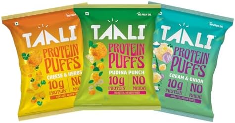 Taali Jowar & Protein Puffs | 60 gm (Pack of 3) | Pudina Punch, Cheese & Herb, Cream & Onion | Healthy Roasted Tasty Snacks, Ready to eat | 100% Veg., Gluten free products, No Cholesterol, No Trans-Fat