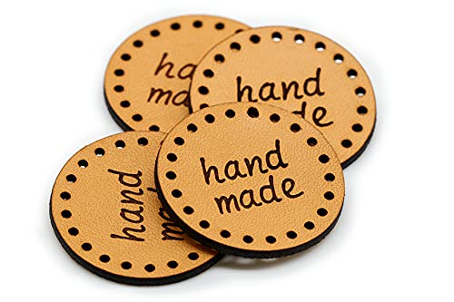 Rund Handmade Label - Mod. RO02 "hand made" - Echtes pflanzlich gegerbtes aufnäher handmade Leder Labels zum Annähen, Leder etiketten zum einnähen (30 Stück - Standard Text) Cover