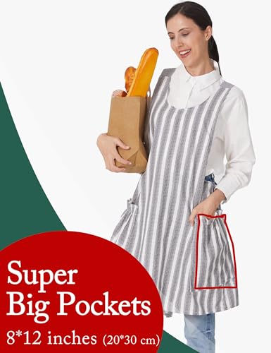 Image of Cozy Adjustable Cross Back Aprons for Women with Pockets Cotton Linen Cooking Kitchen Baking