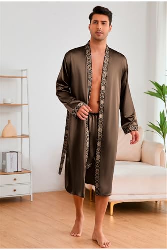 Men's Satin Nightgown Pajama Sets Long Sleeve Kimono Robe With Shorts 2 Pieces Sets Sleepwear4