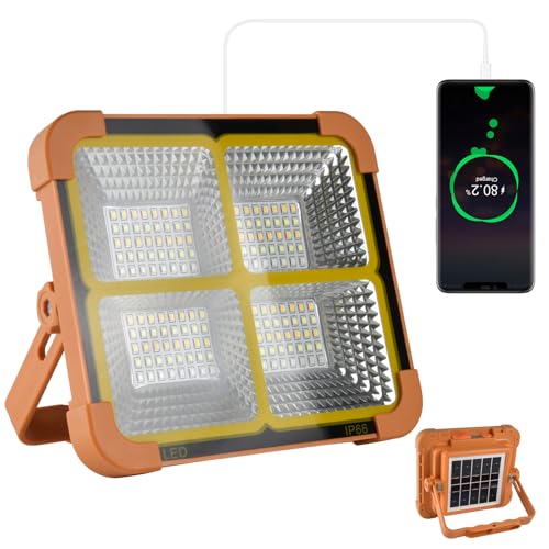 iodoo Foco LED Recargable 100 W, 10000 lm, luz de trabajo, linterna portátil, con panel solar, 16500 mAh, USB, lámpara recargable, para camping, astillero, garaje, taller (Naranja Mini)