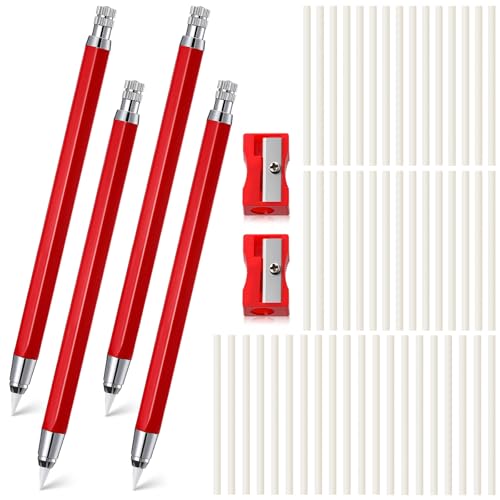Motiskyy 56 Pcs Chalk Pencil Refillable Cartridge Set, Sewing Tailors Chalk and White Refill Tailors Pencil for Marking Fabric Quilting Embroidery DIY Crafts (Plastic,Red)