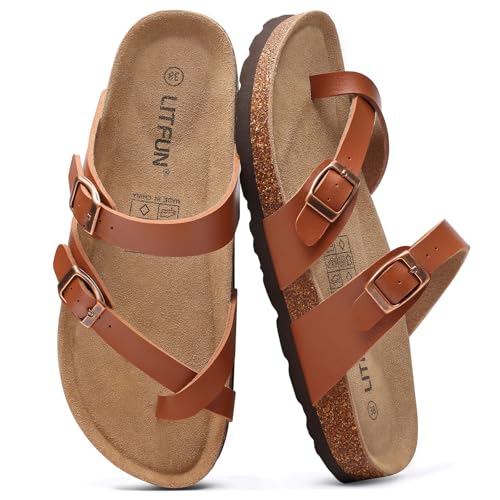 Litfun Women's Genuine Suede Cork Footbed Sandals Comfortable Summer Slides with Adjustable Buckle,...
