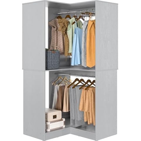 Armocity Corner Closet System, 32 Inches Wide Wood Corner Unit with 2 Hanging Rods and All Hardware Kits, 3-Tier 80'' Height Corner Wood Closet Tower, Grey Cover