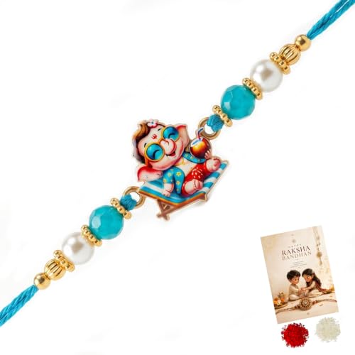 Image of Cartoon Kanha Bal Krishna and Car Rakhi for Baby /Kids Brother /Sister | Combo for Kids | Rakhi with Greeting Card & Roli Chawal