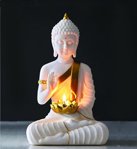 Image of SN Handicrafts Decorative Buddha Statue with T-Light Lotus candel, White and Gold, Polystone Meditation Figurine for Home Gift Gifting Item Buddha Idol Statue Showpiece (White) 1pic