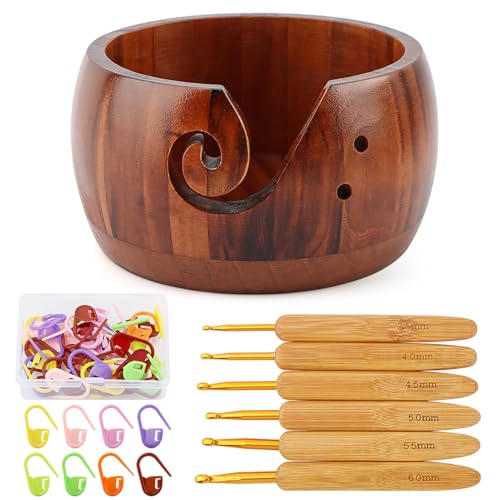 Image of Yarn Bowl Holder, Wooden Knitting Bowl with 6pcs Crochet Hooks, 50pcs Crochet Stitch Markers, Large Yarn Holder Dispenser for Mom & Knitting Lovers