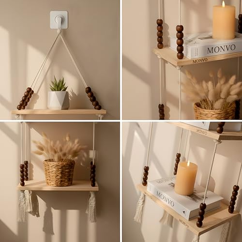 Image of 3-Tier Hanging Shelf with Wall Hook, Use Decor Plants, Books, Decorative Gift Items Nursery Livingroom Wooden Beads & Ring, Tassels Woven Bohemian