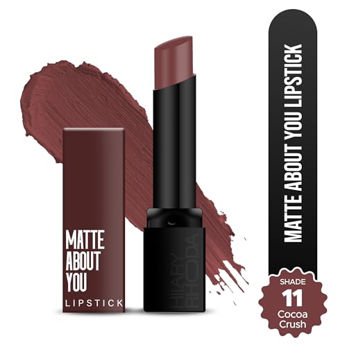 Hilary Rhoda Matte About You Lipstick | Long Lasting & Highly Pigmented Lipstick | Glides Smoothly | Matte Finish | One Stroke Application | Cruelty-Free & Vegan - 3g (Cocoa Crush - Shade 11)