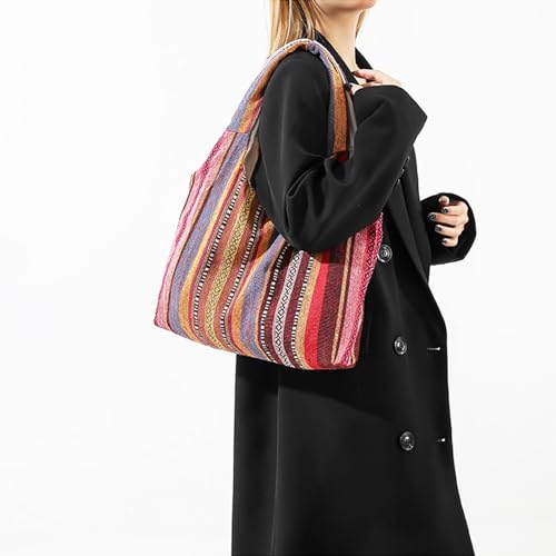 Bohemia Tote Bag, Canvas Shoulder Bag for Women, Large Capacity Work Bag，Reusable Canvas Lunch Bag Teacher Bag Shopping, Utility Aesthetic Handbag(Red)4