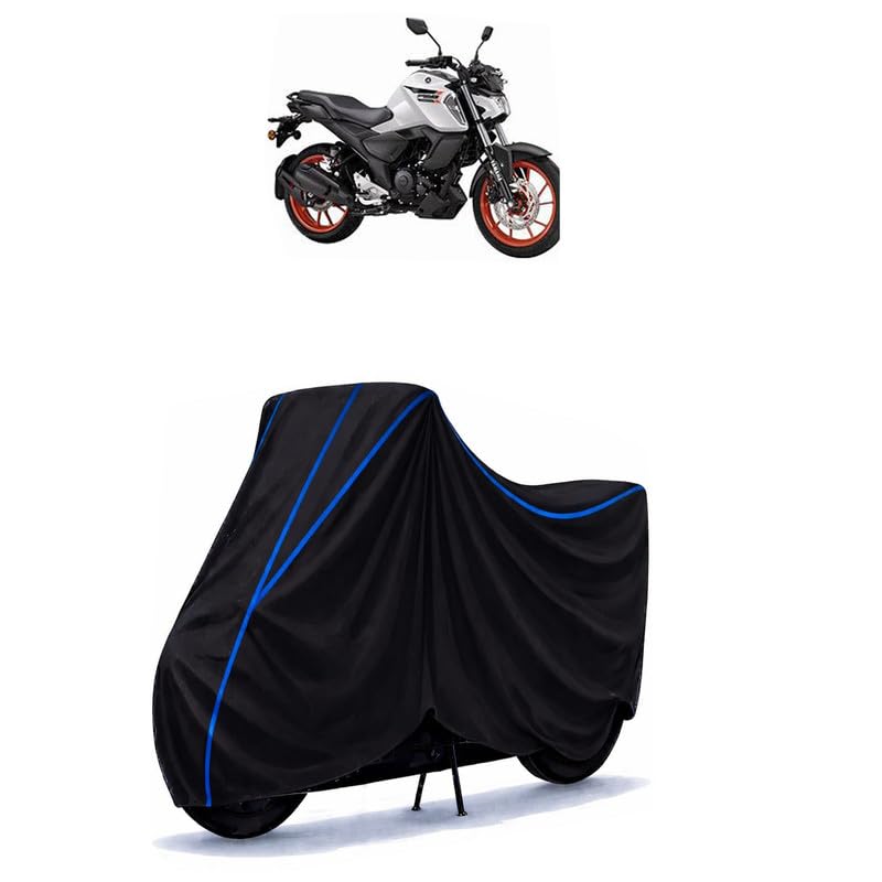 Image of FZ-S Fi Ver 4.0 DLX Bike Cover Water Resistant Universal Motorcycle Rain | Heavy Duty UV Protection, Dust, Scratch Indoor Outdoor All Weather with Black Blue Piping Elastic