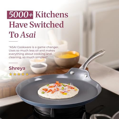 Image of Asai Ceramic Non Stick Dosa Tawa 28cm with Silicone Spatula | Blue | 100% Toxin Free | Superior Swiss Ceramic Cookware | Gas & Induction Compatible | Dosa, Chilla Pan | Lab Tested | Steel Handle