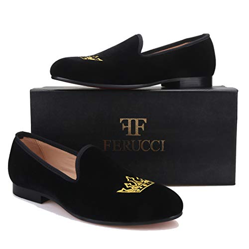 FERUCCI Men Plain Black Velvet Slippers Loafers with Gold Crown Wedding Prom3