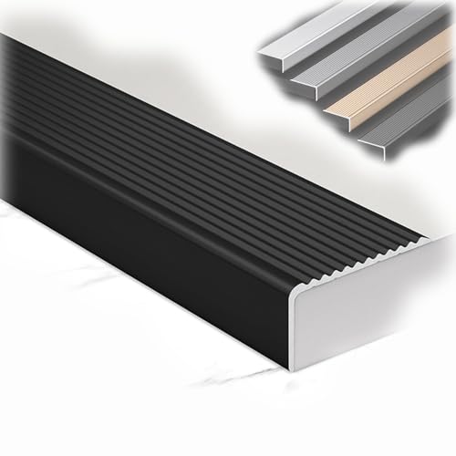Borde de escalera en forma de L de aluminio negro de 90 cm y peldaño antideslizante de 2 pulgadas